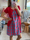 Red Ribbed Button Front Top