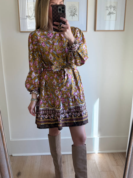 Olive Floral Border Print Belted Dress