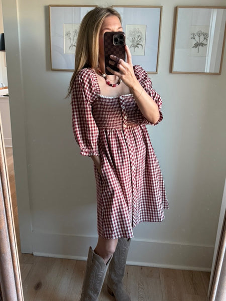 Burgundy & Cream Gingham Smocked Babydoll Dress