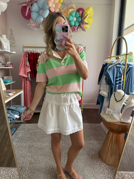 Seafoam & Coral Striped Polo Sweater