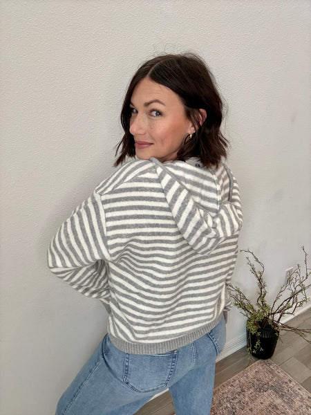 Cooper Zip Up Hoodie - grey & white stripe