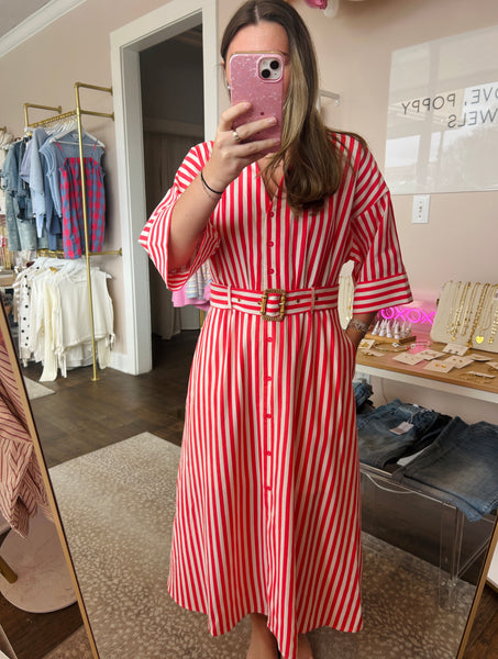 Red Stripe Belted Midi Dress