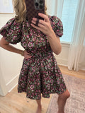 Brown Floral Puff Short Sleeve Dress
