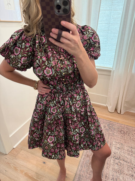 Brown Floral Puff Short Sleeve Dress