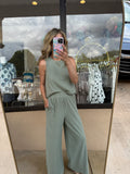 Sage Green Sleeveless Top/Pants Set - 2pcs