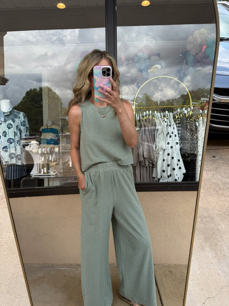 Sage Green Sleeveless Top/Pants Set - 2pcs