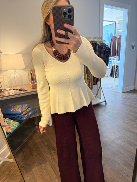 Cream Peplum Ribbed Top