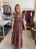 Maroon Plaid Ruffled Maxi Dress