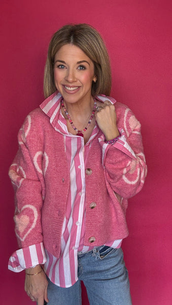 Pink Heart V-Neck Cardigan