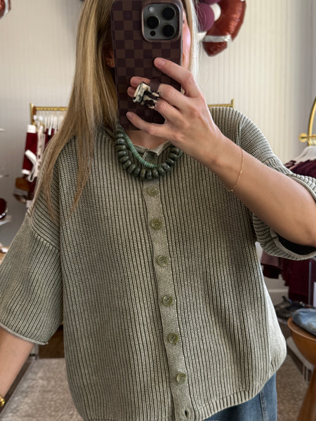 Olive Washed Ribbed Short Sleeve Cardigan
