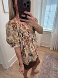 Ecru Leaf Print Short Sleeve Blouse