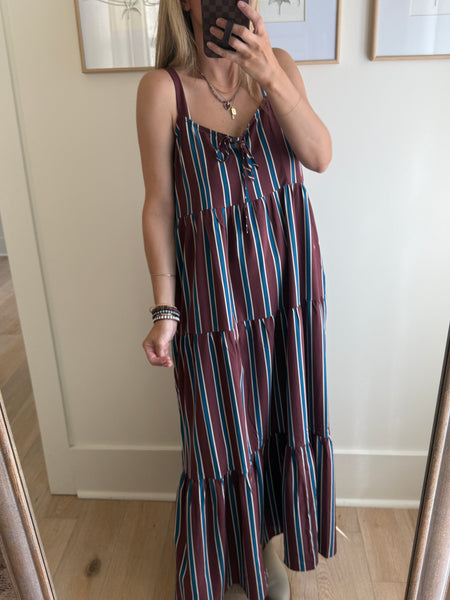 Burgundy & Blue Tiered Maxi Dress
