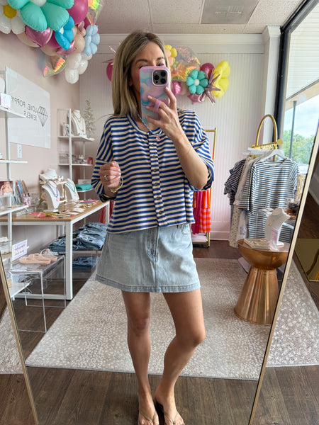 Striped Button Up Crew Tee - Blue