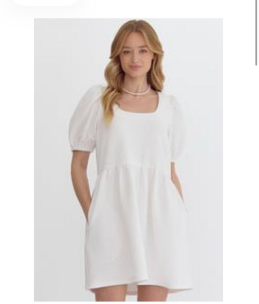 White Scoop Neck Puff Sleeve Dress