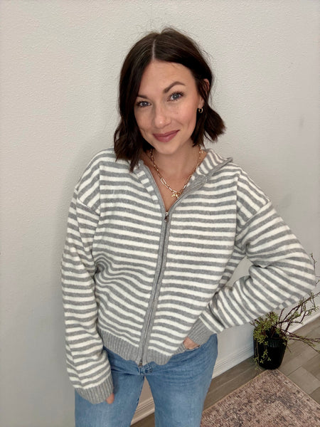 Cooper Zip Up Hoodie - grey & white stripe