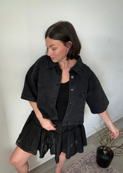 Cropped button front black shirt