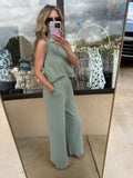 Sage Green Sleeveless Top/Pants Set - 2pcs