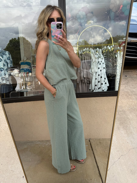 Sage Green Sleeveless Top/Pants Set - 2pcs