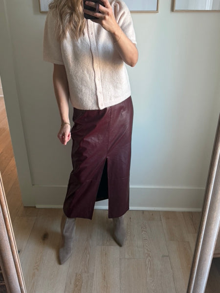 Maroon Faux Leather Midi Skirt