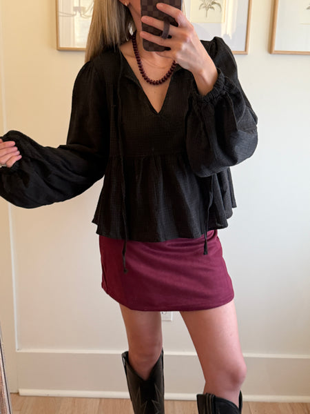 Black Tie-Front Peplum Blouse
