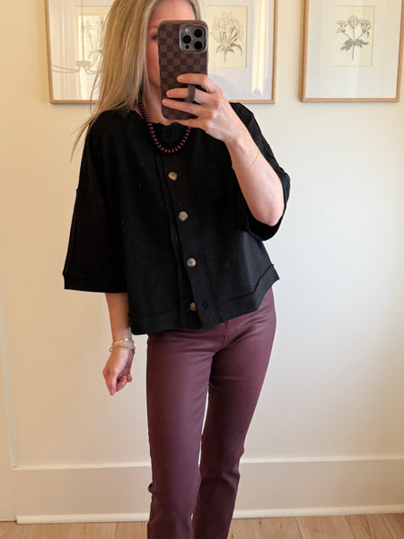 Black Short Sleeve Waffle Cardigan