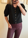 Black Button Up Puff Sleeve Sweater