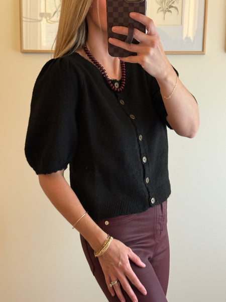 Black Button Up Puff Sleeve Sweater