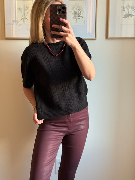 Black Pointelle Short Sleeve Sweater