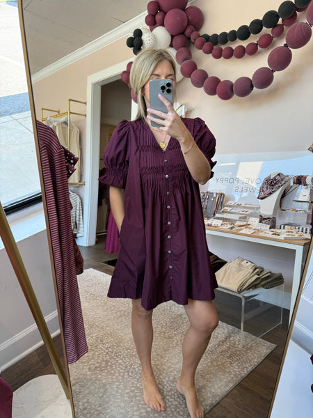 Maroon Pintuck Mini Dress