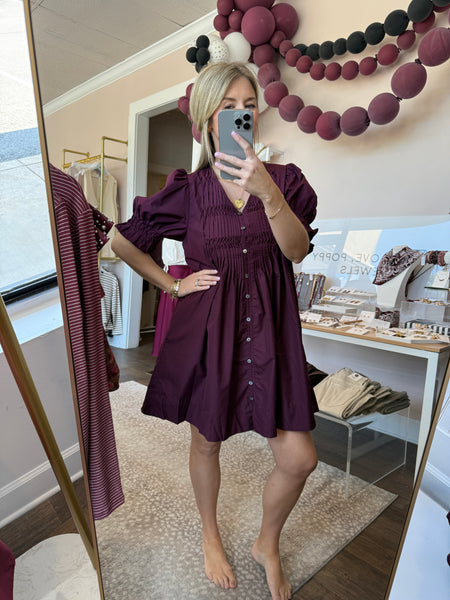 Maroon Pintuck Mini Dress