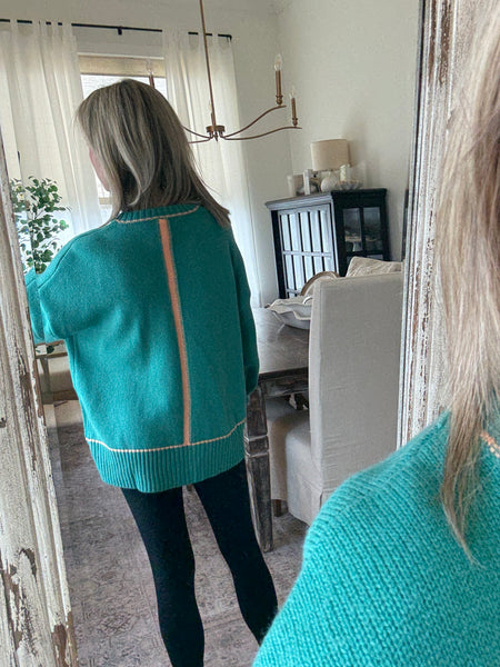 Teal drop shoulder sweater with contrast