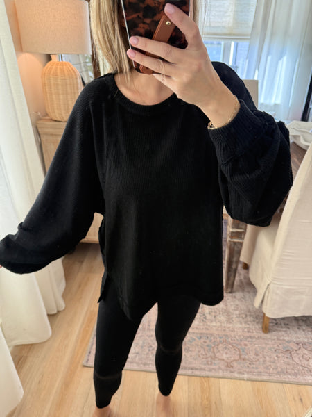 Brushed Waffle Long sleeve top - black