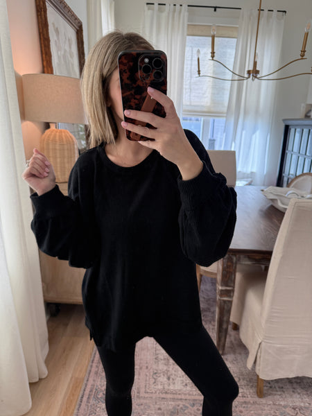 Brushed Waffle Long sleeve top - black