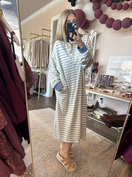 Striped drop shoulder midi dress - sky blue