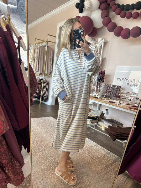 Striped drop shoulder midi dress - sky blue