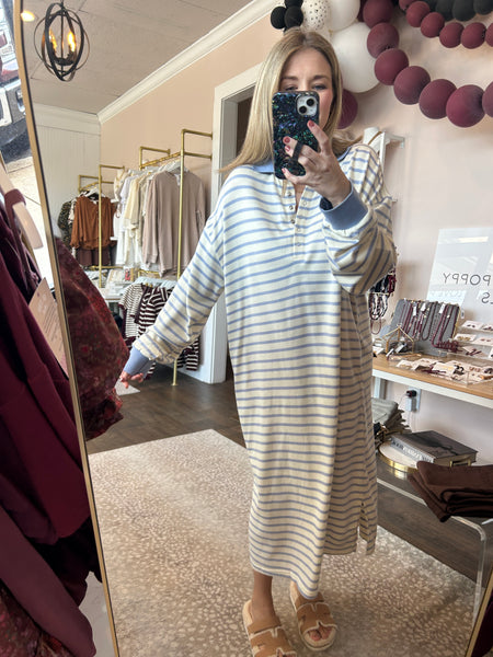 Striped drop shoulder midi dress - sky blue