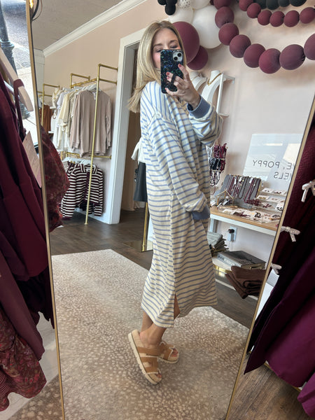 Striped drop shoulder midi dress - sky blue