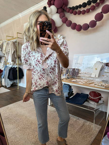 Floral Blouse with Ruffled Collar
