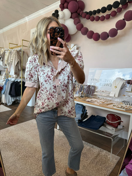 Floral Blouse with Ruffled Collar