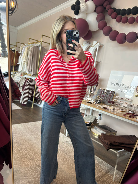 Piper Cardigan - Baby Pink and Red Stripe