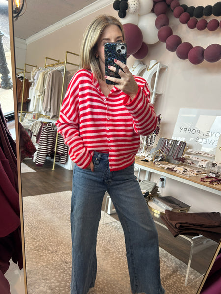 Piper Cardigan - Baby Pink and Red Stripe