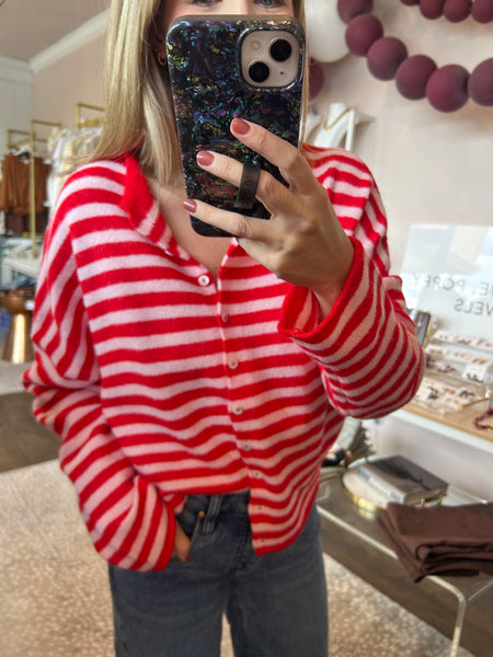 Piper Cardigan - Baby Pink and Red Stripe