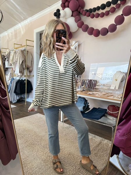 Collared Stripe Oversized Knit top -olive gray