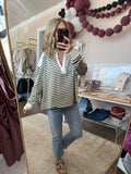 Collared Stripe Oversized Knit top -olive gray