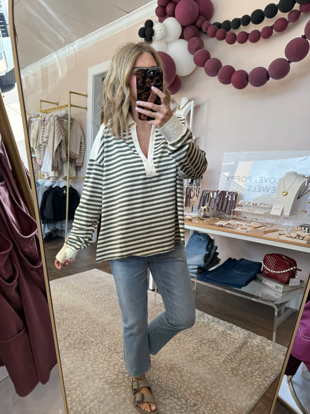 Collared Stripe Oversized Knit top -olive gray