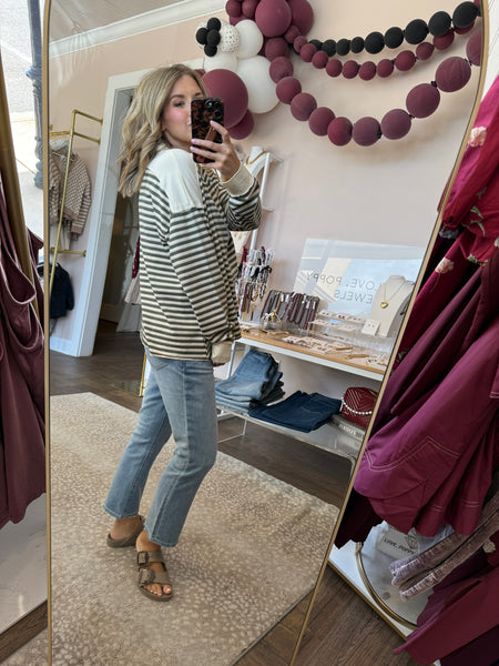Collared Stripe Oversized Knit top -olive gray