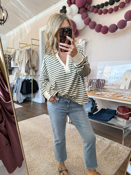 Collared Stripe Oversized Knit top -olive gray