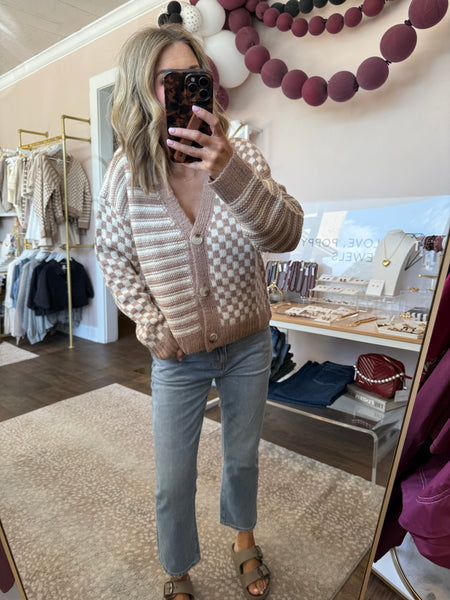 Checker and Stripe Cardigan - taupe