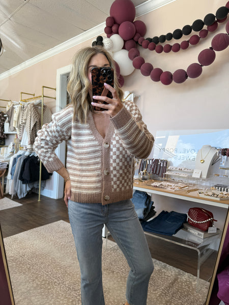 Checker and Stripe Cardigan - taupe
