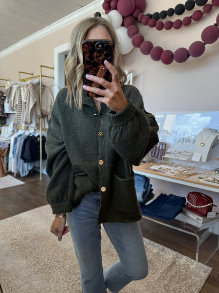 Gold button olive knit cardigan